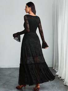 Rochie gotică sexy și elegantă din dantelă roz cu căptușeală dublă, cu fustă mare, potrivită pentru naveta, întâlniri și vacanță - Negru - Vizualizare 3