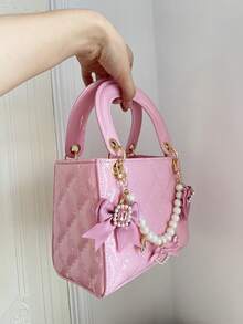 1pc PU Leather Quilted Handbag With Embroidered Strap, Versatile Lacquered Leather Tote Bag, Structured Mini Crossbody Bag, Geometric Pattern Purse - Pink - View 7