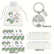 60 件生命树钥匙扣礼品套装，包括 20 张绿叶感谢卡、20 个白色欧根纱袋和 20 个空心金属钥匙扣，非常适合毕业典礼、感恩节、教师节、派对、团队奖励、鼓励、周年纪念赠品 - 彩色 - 查看 5