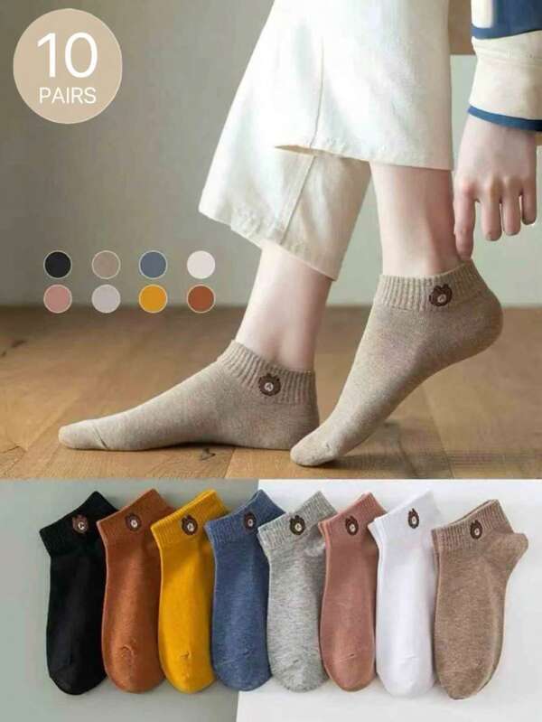 10 Pairs Of Random Multi-Color Spring And Summer Cartoon Bear Campus Party Fashion Ladies Socks