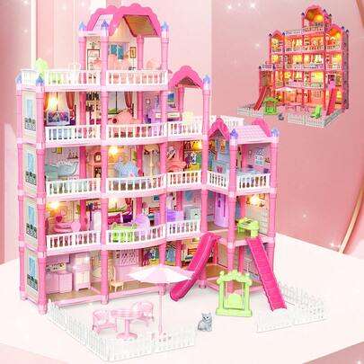 Children's Pink Romantic Princess Villa House Toys, Dollhouse Toy Sets For Girls, DIY Assembling Game Castle Model, Girls Play House Scene Toy House, 3/6/7/14/19 Indoor Rooms With Doll Dollhouse Small Room, Balcony, LED Light Decoration, Multi-Layer Multiple Styles, With Different Furniture Accessories, Free Assembling Construction, A Small Gift For Little Girls' Holiday Surprise!