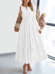 Women Fall Maxi Dresses Long Sleeve High Waist Tiered Flowy A-Line Boho Bohemian Long Dress Beach Holiday Vacation Wedding Guest Valentine Outfit - 白色 - 查看 1