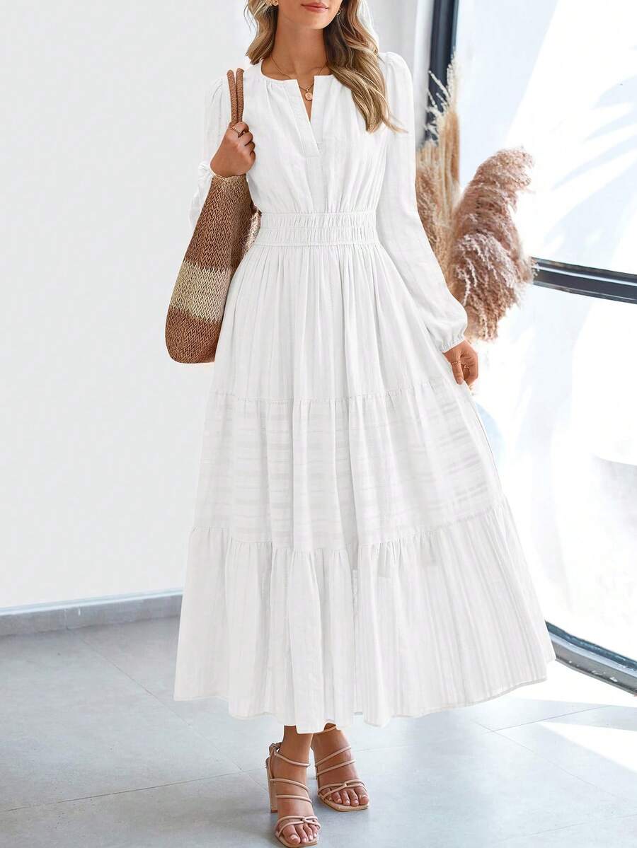 Women Fall Maxi Dresses Long Sleeve High Waist Tiered Flowy A-Line Boho Bohemian Long Dress Beach Holiday Vacation Wedding Guest Valentine Outfit - 白色 - 查看 1