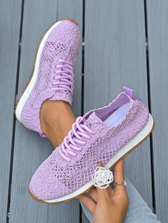 1 Paar geometrisches Muster lila chinesischer Stil Spitzeneinsatz Lässig Sportschuhe, ganzjährig und für Feiertage geeignet