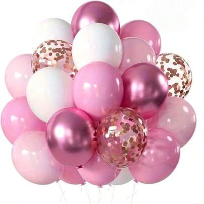 46pcs Shiny Pink And Metallic Balloons With Glitter Confetti - Party Decoration Suitable For Birthday, Wedding, Shower, Baby Reveal, Christening, Birthday Party Celebration