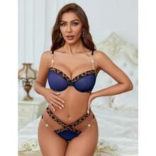 Local Delivery--Sexy Lingerie Set Mesh See Through Underwire Bra Panty Set Leopard Splice Push Up Lingerie With Chain - Navy Blue - View 6