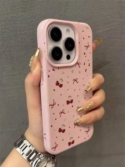1 Cherry Bow Pattern TPU Lychee Pattern Elegant All Inclusive Protective Phone Case Cover, Compatible With IPhone17/17Air/17pro/17promax/16/16pro/16plus/16promax16 11, 12, 13, 14, 11 Pro Max, 12 Pro Max, 13 Pro Max, 14 Pro Max XR,15,15 Pro,15 Pro Max,Iphone16,16 Pro,16 Plus,16 Pro Max