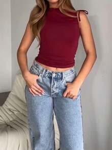 女式不对称领口系带纯色背心