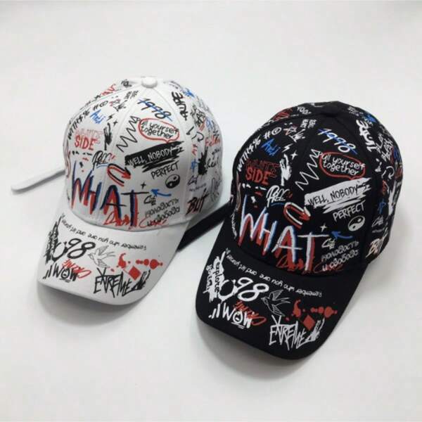 1pc Men's Adjustable Letter Graffiti Printed Baseball Cap, Outdoor Sun Protection Casual Hat Suitable For Spring, Autumn Travel, Beach