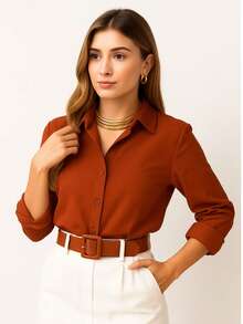 Women's Elegant Button Down Shirt - Casual Chic Simple Style Pocket With Belt Button - Tile - View 1