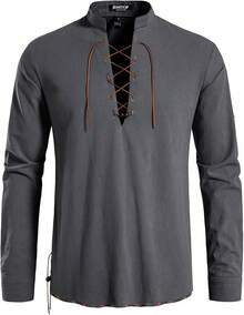 Men's Pure Cotton Retro Lace Up Shirts For Renaissance Pirate Viking Medieval - Grey-d - View 2
