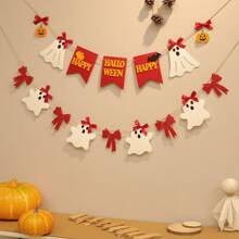 Vintage Cute Red Bow & White Bell Ghost Halloween Party Decorative Banner, Wall Hanging Pennant