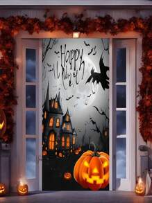 Semn de bun venit 2D pentru ușă de Halloween - Scenă cu castel de dovleac și lună și lilieci - Poliester durabil 70,8x35,4 inci Decor interior/exterior pentru Halloween, grădină, terasă - Nu necesită electricitate, Decorațiune de Halloween, Sărbătoare, Imprimare de înaltă calitate, Decor fără electricitate, Planificator de petreceri