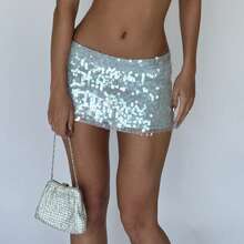 Women Y2K Summer Vintage Sequin Mini Skirt Low Waist Sparkle Glitter A-Line Bodycon Skirt Night Out Dance Party Shiny Short Skirt - 藍色 - 查看 4