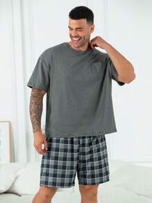 2pcs/Set Oversized Men's Casual Loose Pocket Round Neck Short Sleeve Plaid Shorts Pajama Set, For Spring/Summer Loungewear