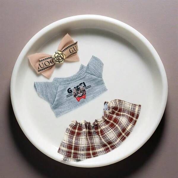 LABOBO Unisex 1st And 2nd Generation Cat Themed T-Shirt + Plaid Skirt + Hoodie 3pcs Set Blind Box Collectibles