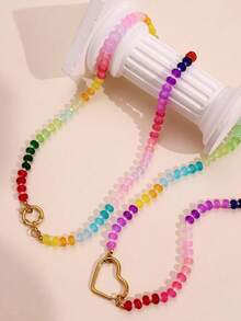 甜蜜浪漫多巴胺彩色串珠项链，波西米亚风格不锈钢心形和 OT 扣饰，夏季珠宝（串珠颜色和位置随机） - 彩色 - 查看 4