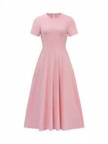 PoPoHouse 女士优雅性感短袖圆领长连衣裙，适合派对、通勤、度假等场合，粉色夏季款 - 粉色 - 查看 7