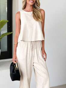 Women's 2 Pieces Casual Sleeveless Linen-Like Top And Elastic Waist Pants Set, Suitable For Leisure, Vacation And Daily Commuting Wear, Summer - Oatmeal - View 3