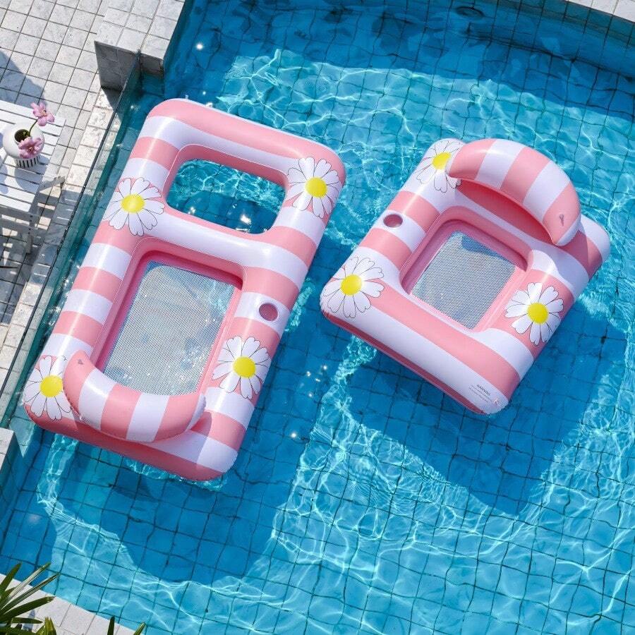 1pc Double Inflatable Float Bed With Backrest & Mesh, Daisy Flower Print Design, Inflatable Pool Float, Suitable For Summer Beach Vacation And Pool Party