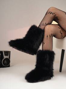 Damen Schneestiefel in einfarbig 2025 Neu Herbst/Winter rutschfest Schlüpfen Pelzig Kunstfuchs Thermofutter Dick Warm Modisch Schlicht Sexy Schlank Plüsch Damenschuhe, Große Größen