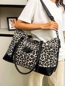 时尚拼色大容量手提包、单肩包、托特包、休闲短途旅行度假健身包女士学校包学校配件学校用品旅行必需品假日行李袋行李箱旅行包女士 - 黑色 - 查看 1