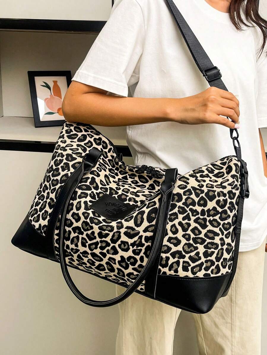 时尚拼色大容量手提包、单肩包、托特包、休闲短途旅行度假健身包女士学校包学校配件学校用品旅行必需品假日行李袋行李箱旅行包女士 - 黑色 - 查看 1