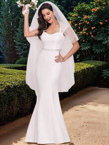 EVERPRETTY 优雅复古蕾丝心形领口美人鱼婚纱，白色礼服，适合夏季花园婚礼派对