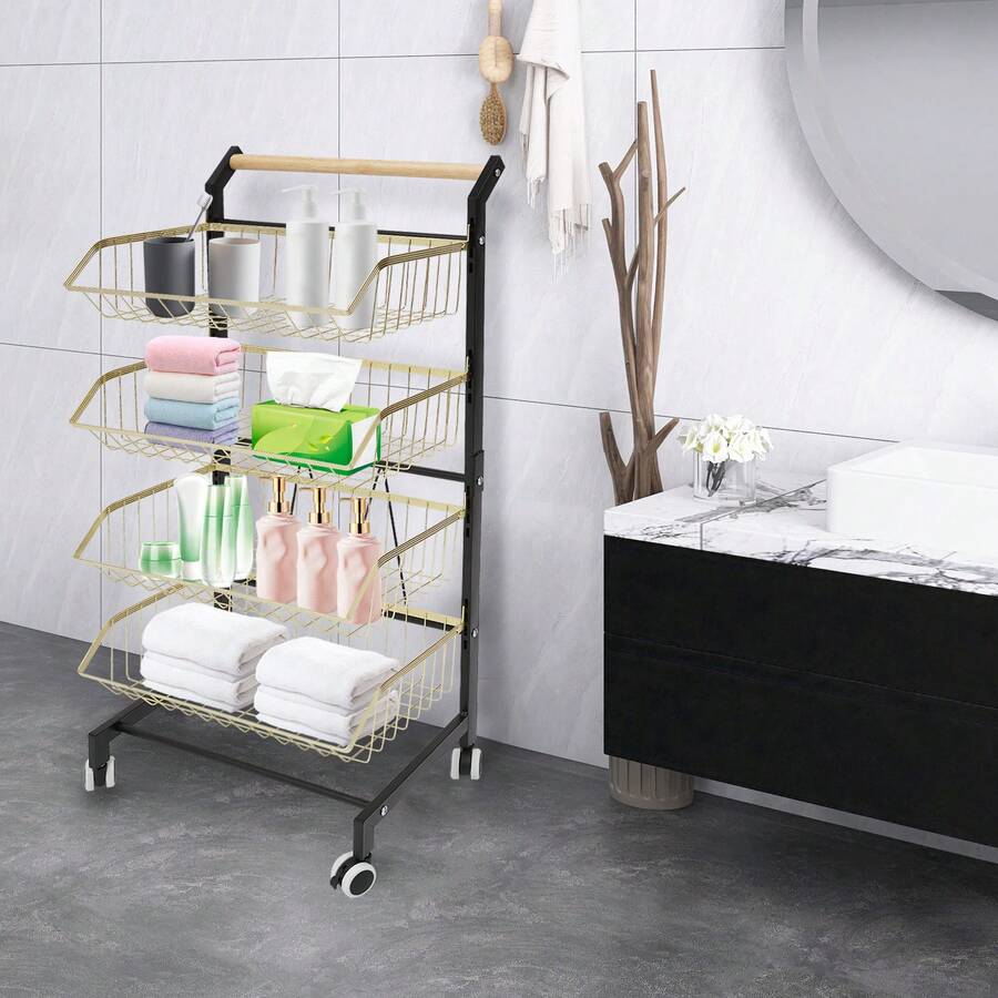 Fruit Basket For The Kitchen, Storage Trolley, Kitchen Trolley With Lockable Wheels - 黑金色 - 查看 1