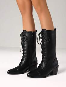 Women's Retro Pointed Toe Boots Fashion Block Chunky Heels Side Zipper Lace-Up Casual Party Dress Fall Vintage Mid Calf Boots Woman - 黑色 - 查看 5
