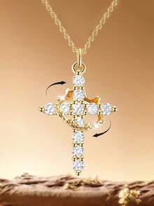 1pc Crown Cross Necklace Women Men Zirconia Gold Pated Rotable Pendant Necklace Party Vacation Birthday Jewelry Gift For Girlfriend BBF Couple