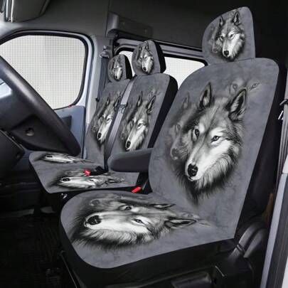 3-Seat Truck Front Seat Cover Set, All-Season Durable Fabric Car Seat Protector With Big Gray Wolf Printed Design, Fits Multiple Vehicle Models