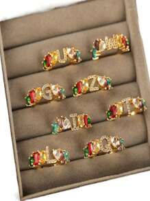 Bague ouverte en cuivre sertie de zircones de couleur aléatoire, simple et à la mode, 1 pièce – AZ 26 lettres anglaises – Bague ouverte pour femme, bague minimaliste