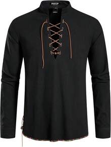 Men's Pure Cotton Retro Lace Up Shirts For Renaissance Pirate Viking Medieval - Black-d - View 2