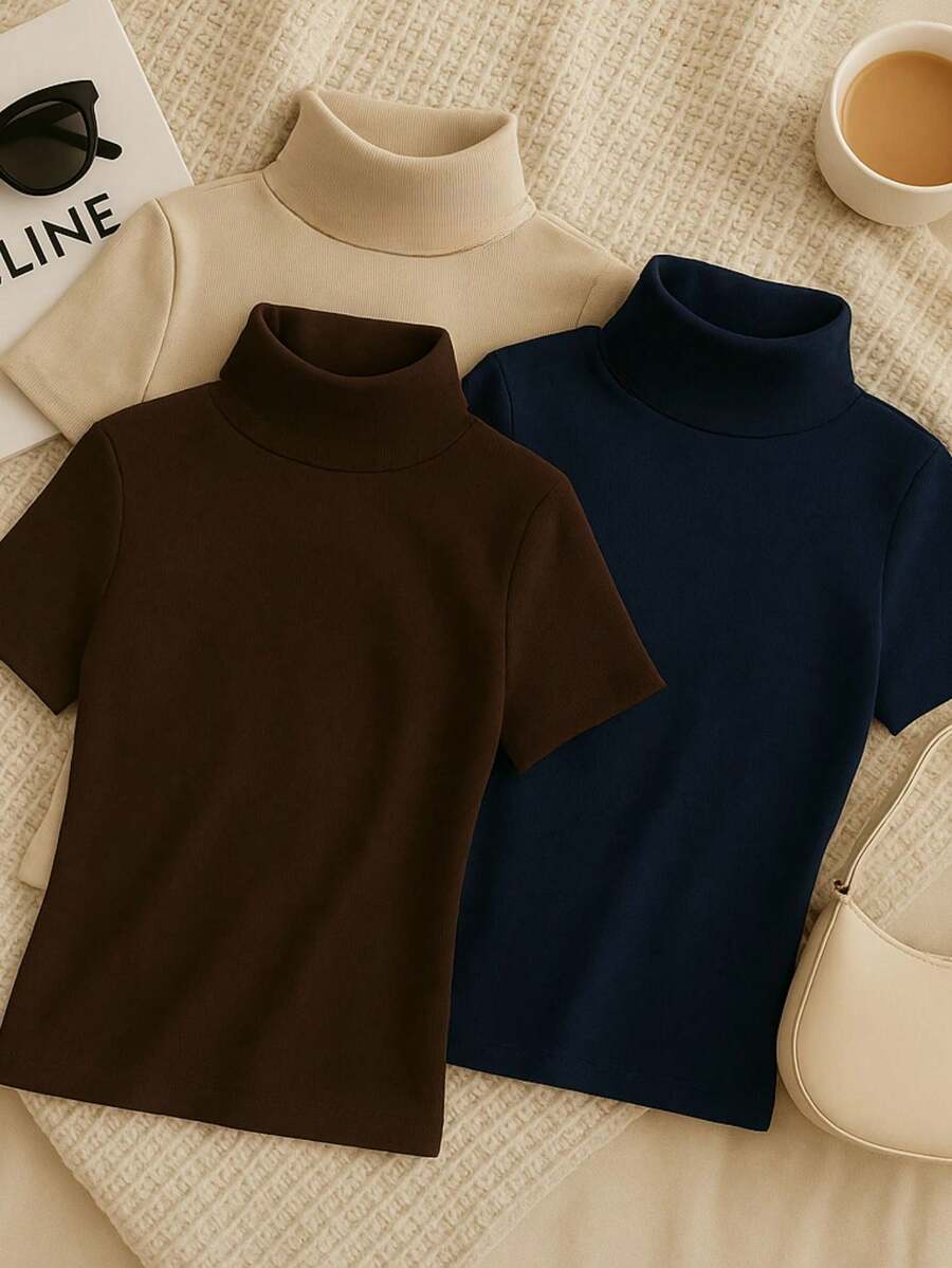 Kit 3 Suplex Blouses High Collar Basic Casual Women - 棕色/海軍藍/米色 - 查看 1