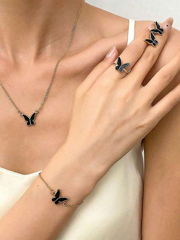 4pcs/Set Bohemian Style Wedding Bride/Bridesmaid Fashionable Oil Drip Black Butterfly Necklace, Earrings, Ring, Bracelet