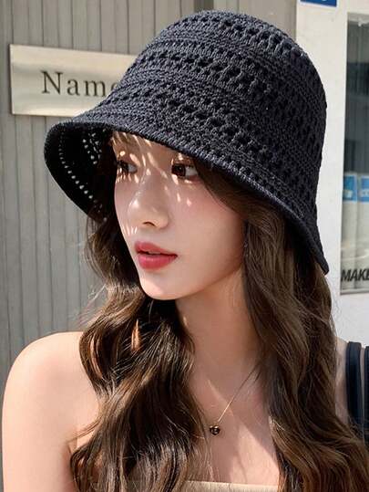 1pc Women's Summer Fashionable Hollow Knitted Bucket Hat, Outdoor Narrow Brim Knit Boho Sun Hat, Casual Versatile