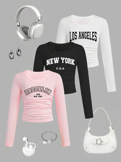 Tween Girls 3pcs/Set Letter Print Fitted Crew Neck Long Sleeve Tops