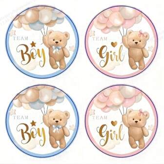 40/80pcs Cute Bear Stickers Roll Team Boy Team Girl Gender Reveal Paper Decals Blue Pink Self-Adhesive Decorative Round Stickers For Baby Shower Gender Reveal Party Supplies