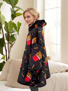 1pc French Fry Printed Hoodie Blanket, Flannel, 48inch Extra Large Loose Casual Hooded Wearable Couple Throw Blanket, Suitable For Men And Women, Sleepwear