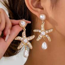 1 par de aretes con colgante de gota de agua con perla de estilo oceánico para mujeres, perfectos para usar durante las vacaciones en la playa