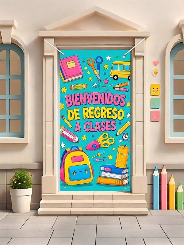 Telón de fondo de tela para fiesta de regreso a clases, 70*35in, Banner de apertura de puerta vibrante de regreso a clases - Diseño colorido de autobús escolar y mochila con texto "Bienvenidos De Regreso A Clases"