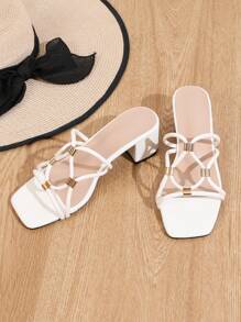 Women's Elegant High Heel Slip-On Sandals, Metal Buckle Thick Heel Fashion Hollow High Heeled Sandals For Outdoor Wear