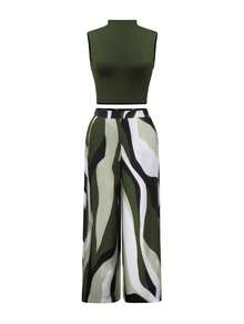 女士休闲度假风罗纹针织高领毛衣（波浪纹）搭配阔腿梭织裤两件套 - 軍綠色 - 查看 4