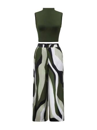 Conjunto de dos piezas de top de punto de cuello semi alto con patrón de ola y pantalones anchos de tejido, estilo de vacaciones casual para mujer