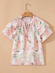 Acelitt 夏季粉色印花条纹撞色层叠褶袖V领衬衫 - 彩色 - 查看 2