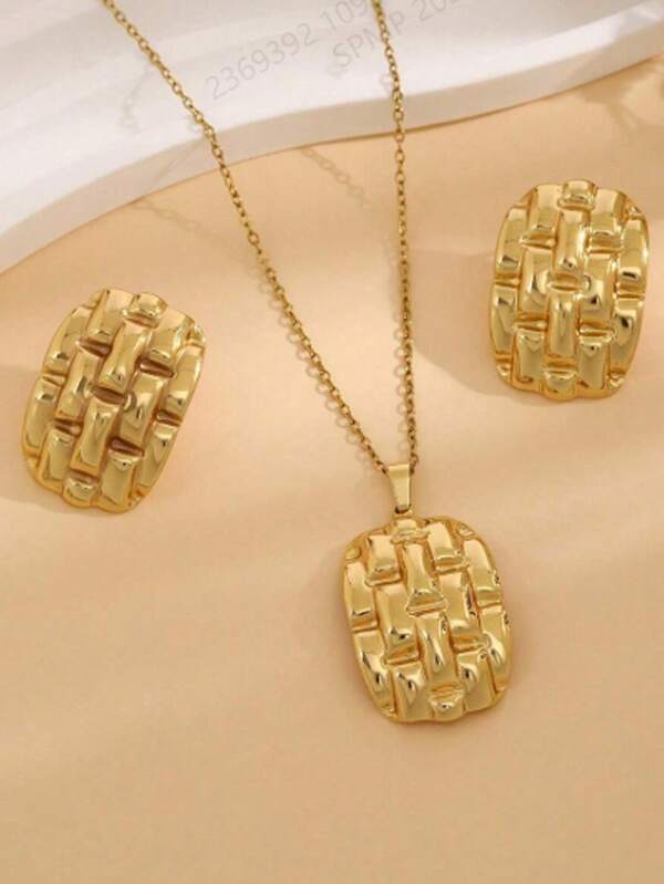 3 pezzi Orecchini e collana con motivo intrecciato in acciaio inossidabile, stile europeo e americano, adatto per le donne