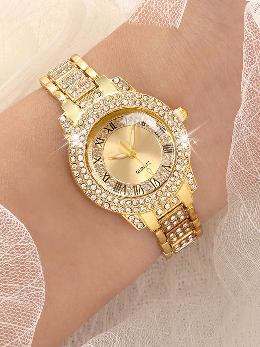1pc Fashionable Luxury Full Crystal Rhinestone Round Dial Ladies Quartz Watch, Multi-Function Steel Strap, Suitable For Holidays, Parties, Weddings, Back To School, Christmas, Thanksgiving, Halloween, Easter And Other Occasions As Gift