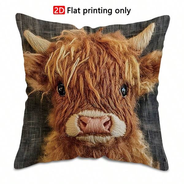 TOPSSCTR 1pc 2D Flat Printing Throw Pillow Covers, Cute Baby Highland Cow, Non-Embroidery, Room Decor (No Pillow Core), Single-Sided Design