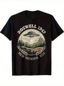Camiseta gráfica de UFO alienígena Roswell 1947 para hombres - Diseño retro vintage de ciencia ficción con texto de Nuevo México, EE. UU., camiseta casual de manga corta negra, ajuste regular, lavable a máquina, declaración de moda única, cuello redondo clásico, tela cómoda, calidad de impresión duradera, camiseta de uso diario, tema espacial, material transpirable, para fanáticos de la cultura pop - Negro - Ver 3